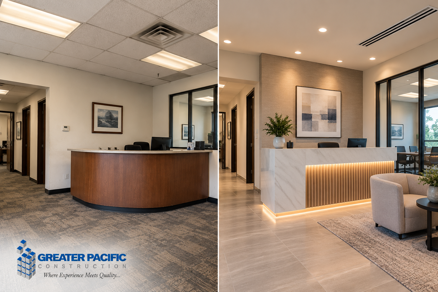 Before and after commercial office reception renovation showing an outdated lobby transformed into a modern reception area.