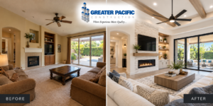 Before and after residential living room renovation showing an updated fireplace, modern finishes, and contemporary interior design.
