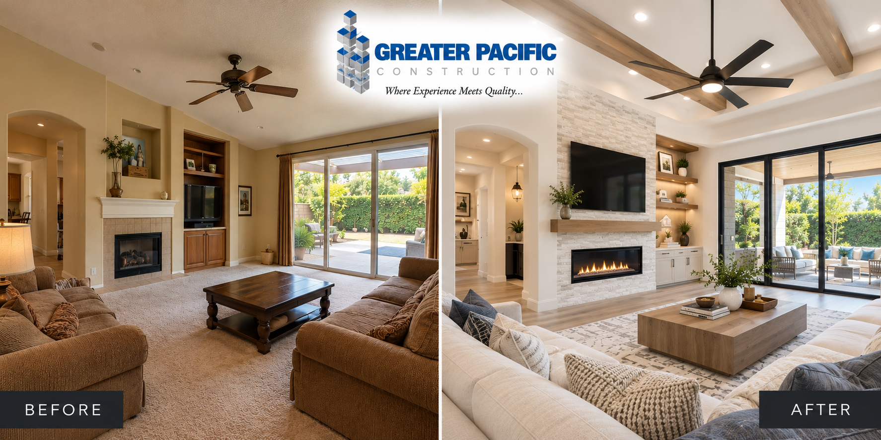 Before and after residential living room renovation showing an updated fireplace, modern finishes, and contemporary interior design.